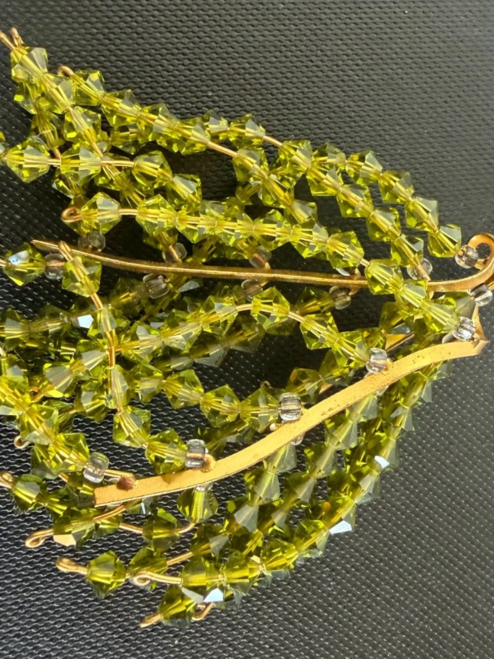 Vintage Suncatcher Brooch with Strands of Faceted Olivine-Colored Glass Beads